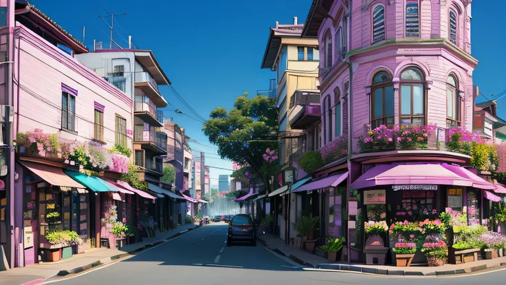 Streetscape with flower shops, boulevard buildings are pink blue、Purple、Orchid plant、Flower shop left and right