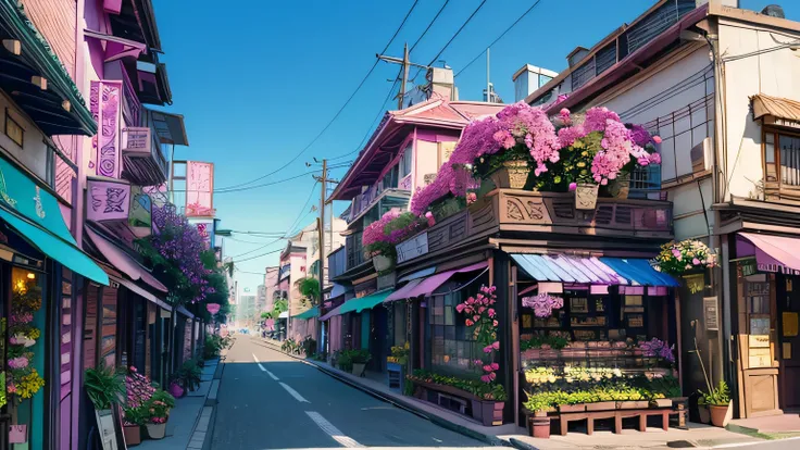 Streetscape with flower shops, boulevard buildings are pink blue、Purple、Orchid plant