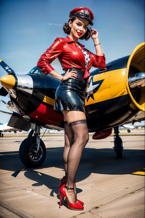 (rearview: 1.2), ((full supermodel body)). Digital illustration of a glamorous young woman from the U.S. Air Force posed in a classic pinup style on an airport tarmac. She’s perched playfully on the wing of a vintage fighter plane, wearing a fitted blue Ai...