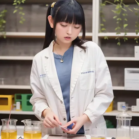 Depict a 20-year-old, stunningly beautiful woman conducting an experiment in a well-equipped science lab. She wears a pristine white lab coat over professional attire, her expression focused as she carefully handles scientific instruments. Whether her hair...