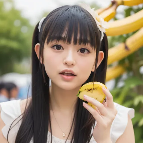 She is holding a banana with its peel partially removed, revealing the white fruit inside. She is eating the exposed white part. Black hair, shoulder-length, dark eyes.