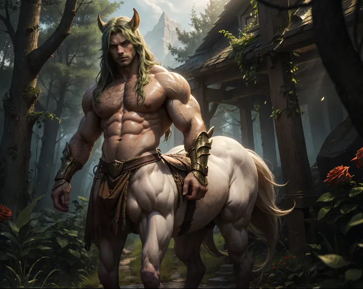 slurp,   full color , full body photograph of a centaur..:1.2,   of foot, high, long green hair, With roses in my hair, Gauntlets, mostrando el hairy chest, ((hairy chest+++)), ((white skin)) raising a victorious arm , detailed muscular physique  , realist...