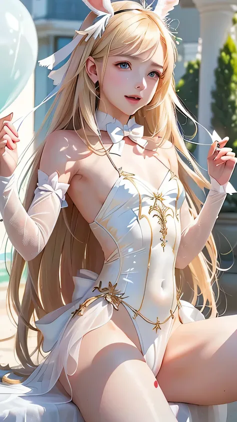 ((Upper Body)) ,((Upper Body head close-up shot of a beautiful )), , Elegant Long straight blonde hair, (Mckenna Grace), ((flat chest, svelte thighs, Auto-luminescence skin)), (white) golden (Ultra glittering transparent tutu,long Bunny Ear Headgear, , Bow...