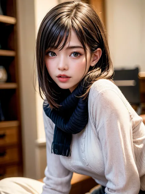 (masterpiece, best quality、beautiful appearance of an adult woman 、 adds intense highlights to the eyes ),1 girl, Alone,   black hair,  scarf,  above Decorati has ,, realistic,  Viewer, Light-coloured black eyes, short hair,  comments, Winter clothes, Whit...