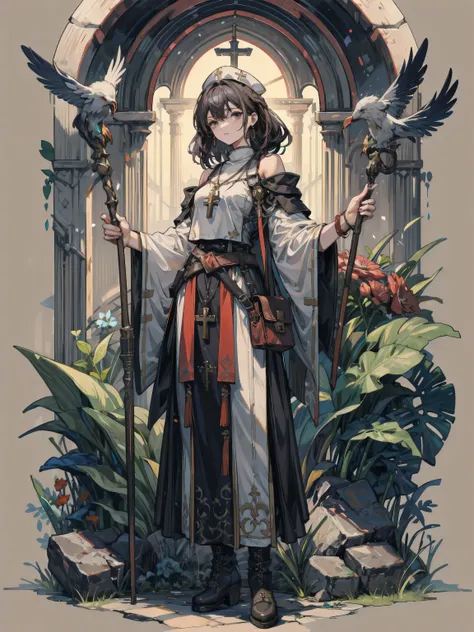 ideal ratio body proportions, perfect anatomy, correct body, earring, huge breasts, narrow waist, short hair, black hair, wavy hair, hair behind ear, half updo, looking at viewer, cowboy shot, Priest, wood necklace, clergy hat, long cloak, dark dull red ov...