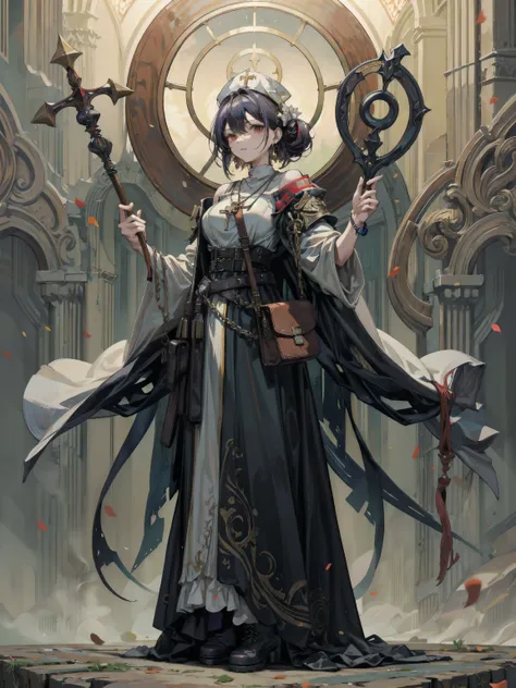 ideal ratio body proportions, perfect anatomy, correct body, earring, large breasts, narrow waist, short hair, black hair, wavy hair, hair behind ear, half updo, looking at viewer, cowboy shot, Priest, wood necklace, clergy hat, long cloak, dark dull red o...