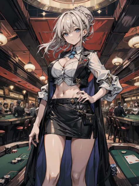 ideal ratio body proportions, perfect anatomy, correct body, earring, huge breasts, narrow waist, short hair, black hair, wavy hair, hair behind ear, half updo, looking at viewer, cowboy shot, Casino Dealers, Navel, white shirt, Black Short Leather Vest, B...