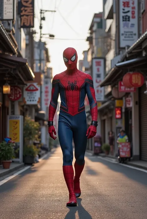 Spider-Man walking through the streets of Kyoto、