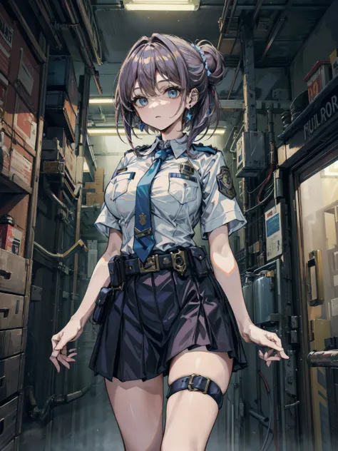 ideal ratio body proportions, perfect anatomy, correct body, earring, large breasts, narrow waist, short hair, black hair, wavy hair, hair behind ear, half updo, looking at viewer, cowboy shot, Police Girl, Female Police Uniforms, Light blue short-sleeved ...