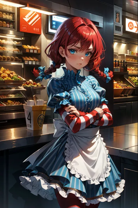 (extremely detailed CG unity 4k wallpaper),(best illustration),(best shadow),(absurdres), Fast food interior background with bright interior)zzwendy, red hair, blue eyes, apron, brooch, hair bow, sidelocks, striped, petite figure, arm's crossed, eyebrow ra...