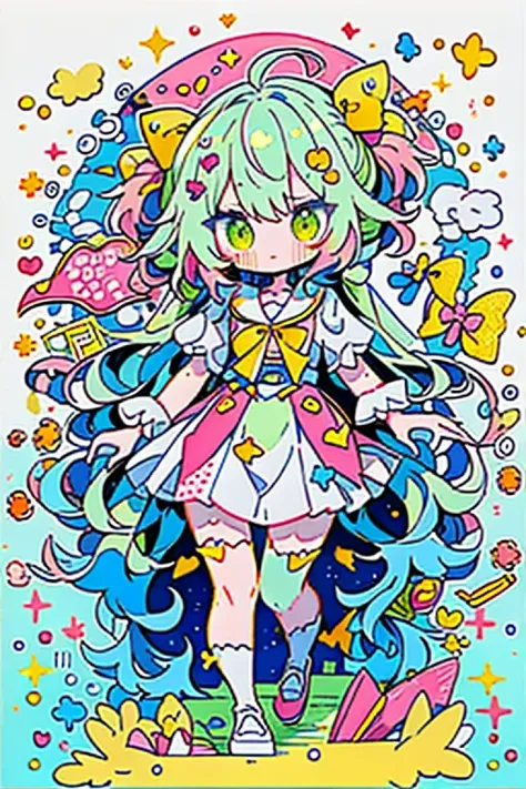 " (masterpiece, best quality), intricate details, cute, cute, (( standing picture )), cute女の子, yellow and light green color scheme、 pink hair、ponytail、big hair ribbon、thigh high socks, Harajuku fashion style、"