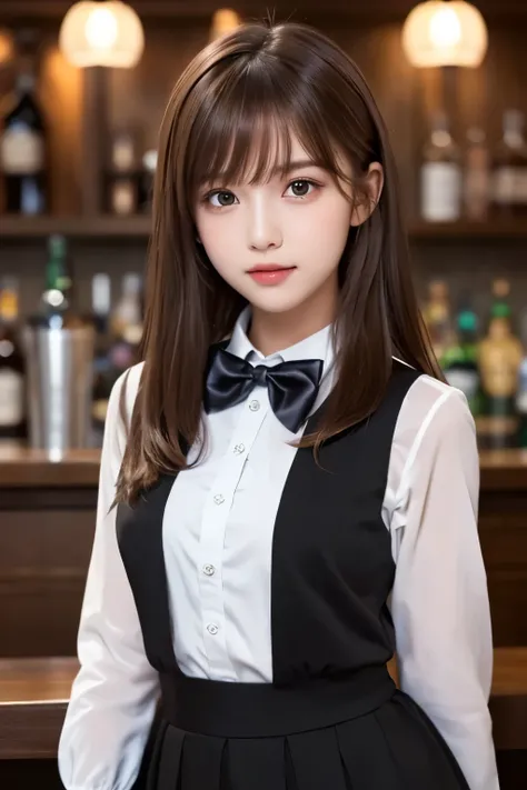 1girl, (a beauty girl, delicate girl, beautiful girl, innocent girl:1.3), (10yo:1.3),
break, (black tuxedo, longsleeve, bow tie:1.3), (cowboy shot, skirt),
break, (cocktail, over the bar counter:1.3),
break, very fine eyes, (symmetrical eyes:1.3),
break, (...