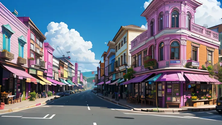 streetscape with cafes lined up with pizzerias, the main street buildings are pink blue、Purple、Orchid plant、Cafe shops on the left and right