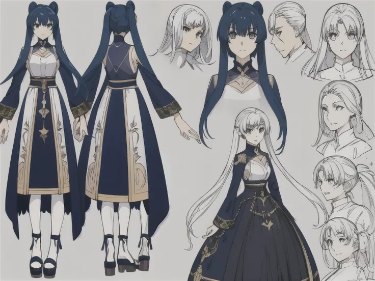 Anime character design, a female monk with Twintails Hairstyle wearing a blue dress and long white leggings, using sandals,  [ Character design ], pretty anime character design, ( ( concept art of character ) ), interesting character design, high-quality c...