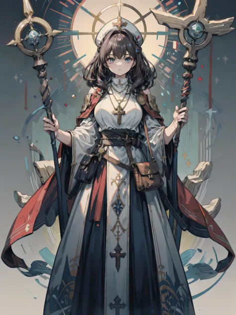 ideal ratio body proportions, perfect anatomy, correct body, earring, huge breasts, narrow waist, short hair, black hair, wavy hair, hair behind ear, half updo, looking at viewer, cowboy shot, Priest, wood necklace, clergy hat, cloak, dark dull red Priest ...