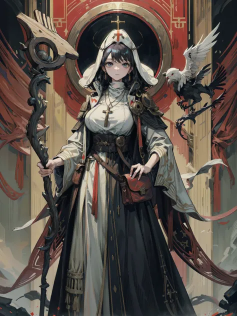 ideal ratio body proportions, perfect anatomy, correct body, earring, large breasts, narrow waist, short hair, black hair, wavy hair, hair behind ear, half updo, looking at viewer, cowboy shot, Priest, wood necklace, clergy hat, cloak, dark dull red  Pries...