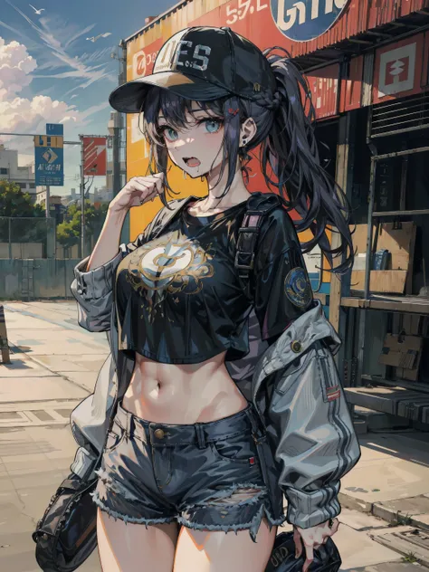 ideal ratio body proportions, perfect anatomy, correct body, earring, large breasts, narrow waist, short hair, black hair, wavy hair, hair behind ear, half updo, eye rolling, drooling, saliva, open mouth, looking at viewer, cowboy shot, outdoor, baseball c...