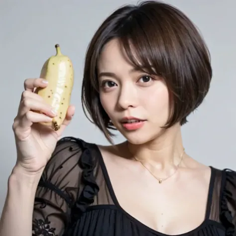 She is holding a banana with its peel partially removed, revealing the white fruit inside. She is eating the exposed white part. Black hair, bob haircut, dark eyes.