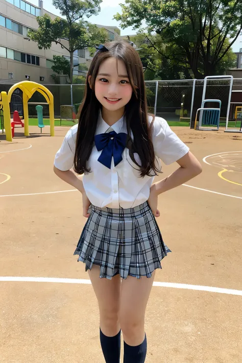  standing on an empty playground、Cute Face、1 person、high school girl、uniform、miniskirt、  Old Girl 、is smiling、Full Body Image