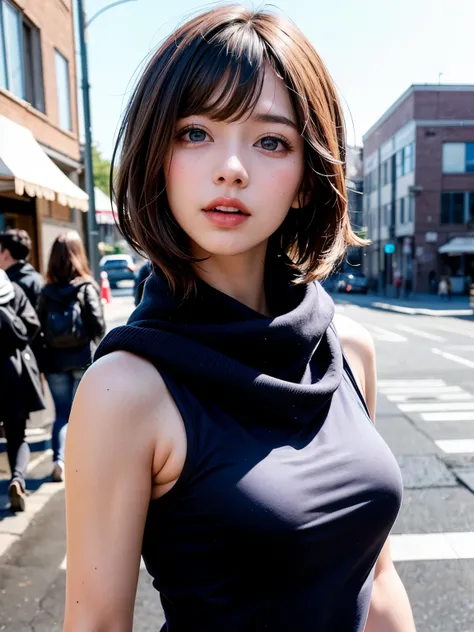 (masterpiece, best quality、beautiful appearance of an adult woman 、 adds intense highlights to the eyes ),1 girl, Alone,   black hair,  scarf,  above Decorati has ,, realistic,  Viewer, Light-coloured black eyes, short hair,  comments, Winter clothes, Whit...