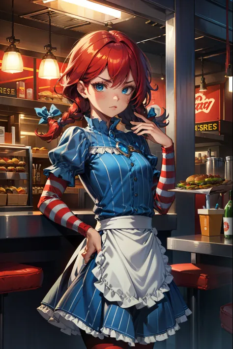 (extremely detailed CG unity 4k wallpaper),(best illustration),(best shadow),(absurdres), Fast food interior background)zzwendy, red hair, blue eyes, apron, brooch, hair bow, sidelocks, striped, petite figure, arm's crossed, eyebrow raised doubtfully, pout...