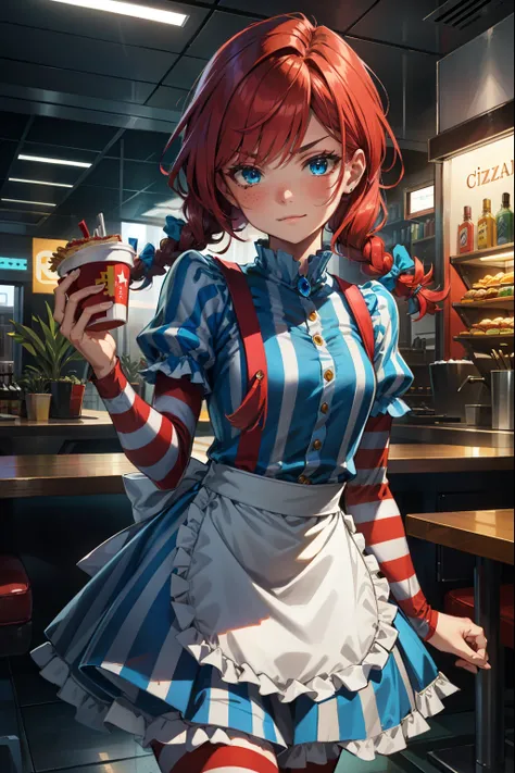 (extremely detailed CG unity 4k wallpaper),(best illustration),(best shadow),(absurdres), Fast food interior background)zzwendy, red hair, blue eyes, apron, brooch, hair bow, sidelocks, striped, petite figure, arm's crossed, eyebrow raised, smug, Small bus...