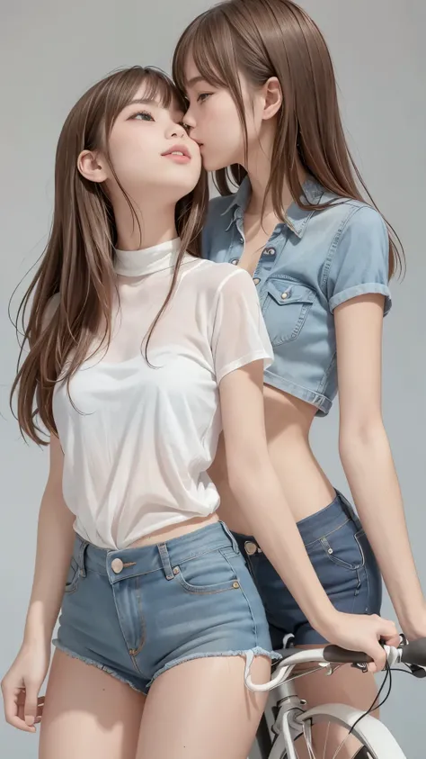 Two girls kiss while riding bikes, denim mini skirt,  white panties , thin thighs being updated, Slender body line drawing delicate eyes and face, perfect anatomy