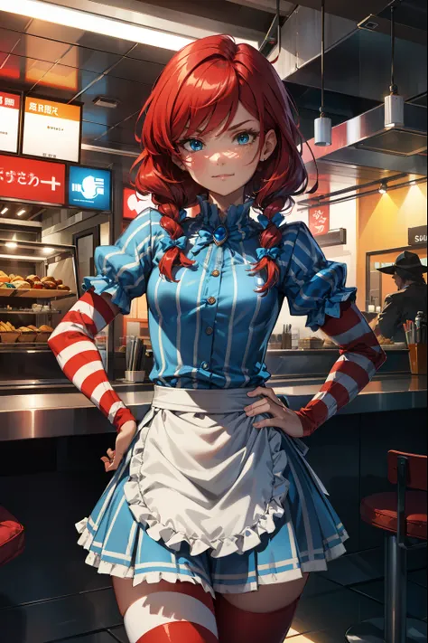(extremely detailed CG unity 4k wallpaper),(best illustration),(best shadow),(absurdres), Fast food interior background)zzwendy, red hair, blue eyes, apron, brooch, hair bow, sidelocks, striped, petite figure, hips cocked, hand on hip, eyebrow raised, smug...
