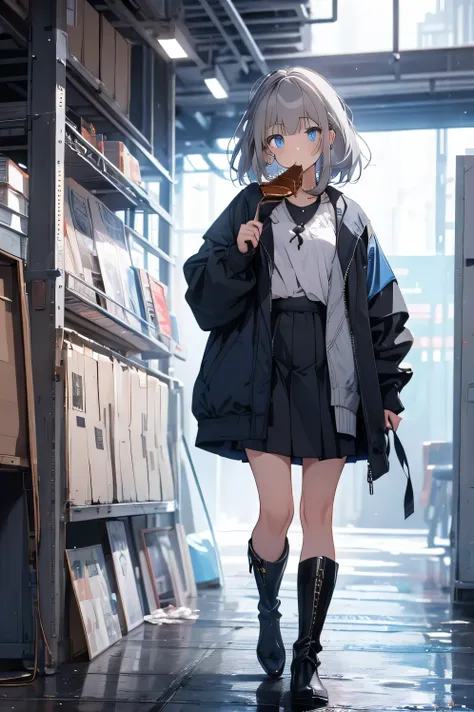 [One Girl,  comments, expressionless,  positive for home, (gray hair:1.5), straight hair , (Shortcut:1.4),(blue eyes:1.3), Oversized Black Jacket , black skirt, long boots、Girl eating pudding