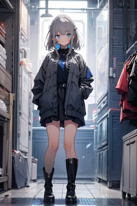 [One Girl,  comments, expressionless,  positive for home, (gray hair:1.5), straight hair , (Shortcut:1.4),(blue eyes:1.3), Oversized Black Jacket , black skirt, long boots、Girl eating pudding