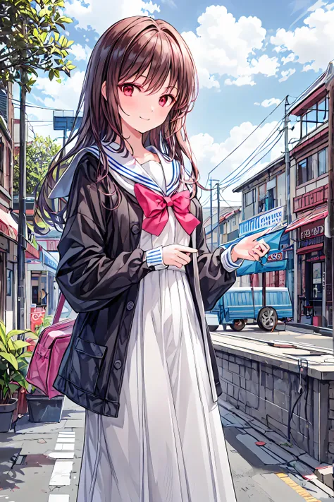 masterpiece,best quality,1 girl,Alone,outdoor,viewers,sailor suit,smile,bungs,null,blue null,cloud,Medium Chest, o,white hair,Red Eyes,cross your arms around your back,Simple Clothes ,long hair