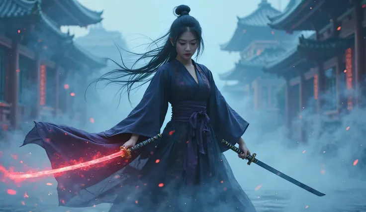 (((Powerful shadow magic))) , (((Ice storms))) , Blue light Red light, Mysterious warrior woman (Miyamoto Musashi) Wielding a Japanese sword, Dark Pink and black silk robe, most beautiful a woman , most beautiful a girl(Little), Sweet, elegant ,full body ,...