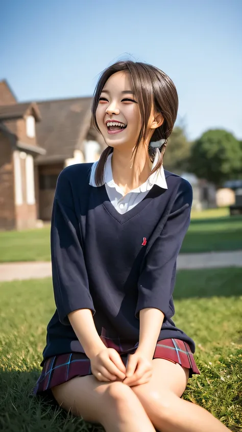 A cheerful high school girl in a school uniform, laughing joyfully with her friends under the bright sunlight. They are sitting on a grassy field, reminiscing about their fun memories. The atmosphere is warm and nostalgic, with a golden glow from the after...