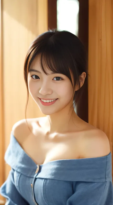 masterpiece,best quality,(Japanese girl),((Beautiful girl)),cleavage,(off shoulder:1.2),(perfect body beauty:1.2),(shy smile),From slightly above