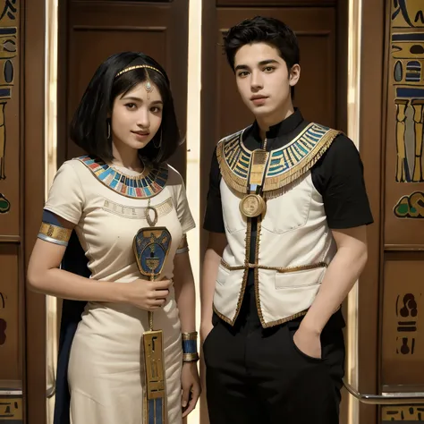 365 (20 year old woman and 20 year old man),(short hair), (high quality photos), (gentle smile), (colorful ancient egyptian costumes), (Rembrandt painting),(Hieroglyphs、Ancient Egyptian)