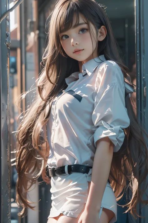 (Extreme Detail CG Unity 8K wallpaper, masterpiece, highest quality), (exquisite light and shadow, highly dramatic image, cinematic lens effect), a 20-year-old girl, beautiful, thin figure, long hair, wearing a sexy shirt, thin abdomen, sexy short skirt, b...