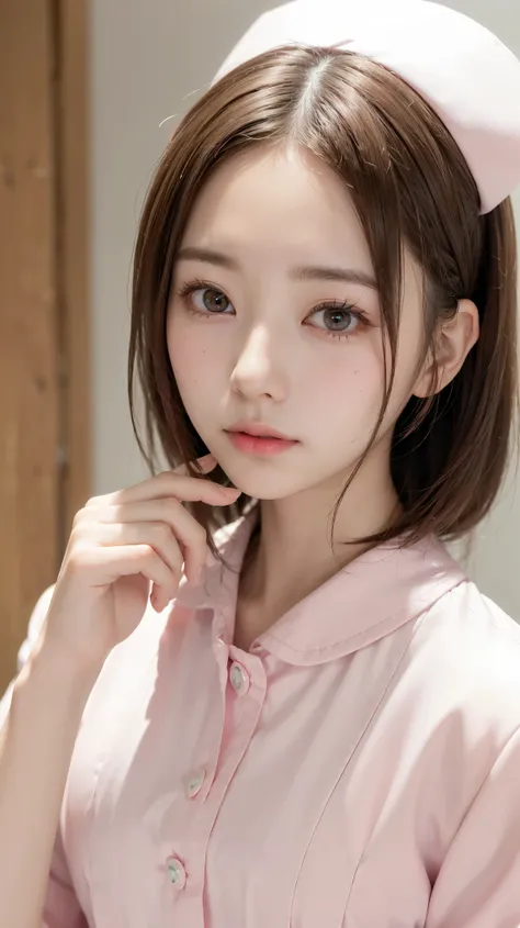 (masterpiece、(High resolution、8k:1.3)、(Highest quality、Ultra-realistic as a photo)、Sharp focus, shinny skin, High quality and beautiful skin、Japanese Girl, nurse、white nurse uniform、very cute、Glossy Lips, blush:1.3, Embarrassed:1.3, (close up on face:1.2),...