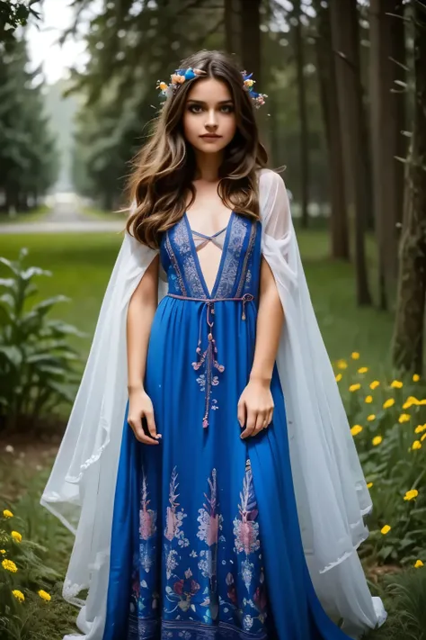 A dreamy landscape unfolds: a solitary girl with flowing hair and ethereal gown, set against a kaleidoscope of wildflowers and towering trees, bathed in soft moonlight that casts an otherworldly glow on her tranquil face. In the distance, stars twinkle lik...