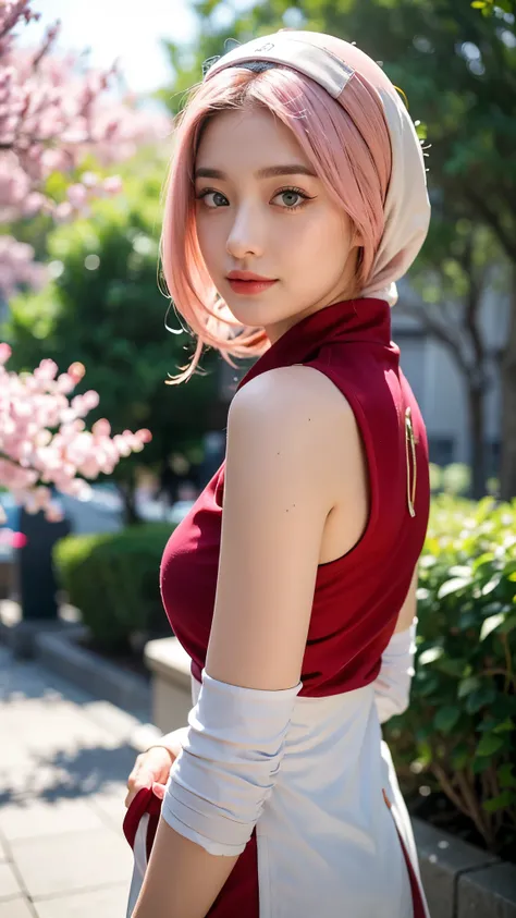 "A highly detailed, realistic portrait of a beautiful young woman inspired by Haruno Sakura from Naruto Shippuden, reimagined in the real world wearing a hijab. She has soft, natural pink hair subtly visible under a stylish, neatly wrapped hijab in a deep ...