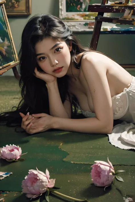 (oil painting:1.5),
\\
a woman with (long curtly hair ), ((green eyes)) is lie on the ground, peony, (amy sol:0.248), nude , with  dress,  (stanley artgerm lau:0.106), (a detailed painting:0.353), (gothic art:0.106)