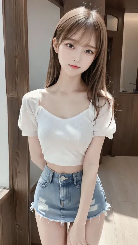 (((incoming kiss))), (denim mini skirt, white panties visible:1.2) , thin thighs being updated, Slender body line drawing delicate eyes and face, perfect anatomy, (detailed hands, perfect right hand), (( transcendental cute face、 idol face、Baby Face:1.2))...
