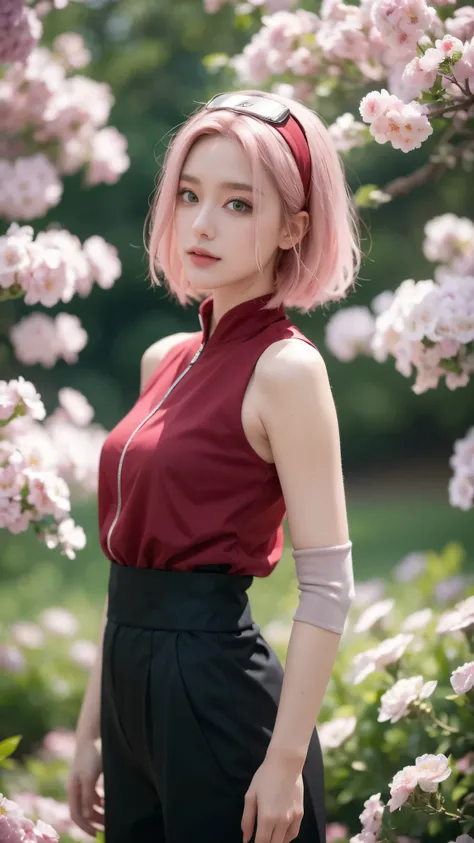 "A highly detailed, realistic portrait of a beautiful young woman inspired by Haruno Sakura from Naruto Shippuden, reimagined in the real world wearing a hijab. She has soft, natural pink hair subtly visible under a stylish, neatly wrapped hijab in a deep ...