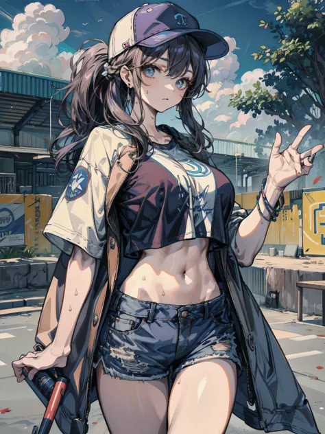 ideal ratio body proportions, perfect anatomy, correct body, earring, huge breasts, narrow waist, short hair, black hair, wavy hair, hair behind ear, half updo, sweat, looking at viewer, cowboy shot, outdoor, baseball cap, black T-shirt, crop top, shorts,