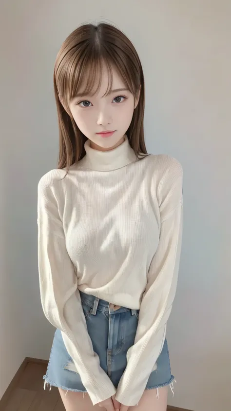 ((incoming kiss)), (denim mini skirt, white panties visible) , thin thighs being updated, Slender body line drawing delicate eyes and face, perfect anatomy, (detailed hands:1.3, perfect right hand:1.2), (( transcendental cute face、 idol face、Baby Face)), ...