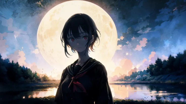  creates a Kyle Thompson-esque image ,  features an anime-style girl character .  she's standing in an abandoned park full of black roses , The .  scene symbolizing death is illuminated by moonlight ,  adds depth to the image .  uses a shallow focus 、 emph...