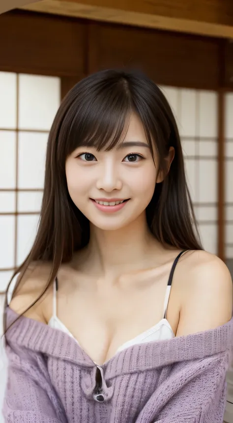 masterpiece,best quality,(Japanese girl),((Beautiful girl)),cleavage,(off shoulder:1.2),(perfect body beauty:1.2),(shy smile),From slightly above