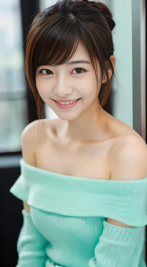 masterpiece,best quality,(Japanese girl),((Beautiful girl)),cleavage,(off shoulder:1.2),(perfect body beauty:1.2),(shy smile),From slightly above