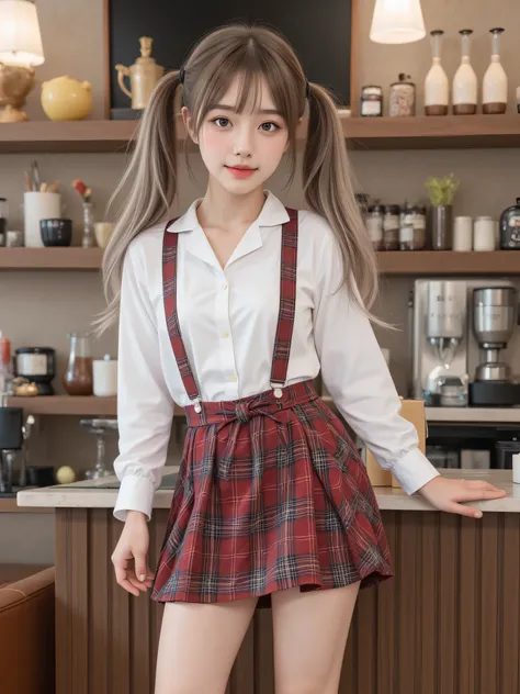 Highest quality, RAW photo, Ultra HD, 18-year-old Korean, beauty, big breasts:1.5, breast crack:1.5, healthy skin tone, fair and smooth skin, (twintails, Flowing hair), ((Light brown silver hair)), beautiful eyes in various colors, thin lips, beautiful eye...