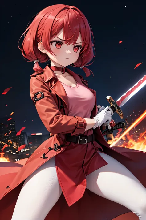 (((red hair))), short hair, (((low twintails))), red eyes, scowl, medium breasts, (((red trench coat))), (((pink Plain t-shirt))), white gloves, (Red Belt), (((red Slit skirt))), white leggings, battoujutsu stance,(((Gripping the sword))), (from diagonal),...