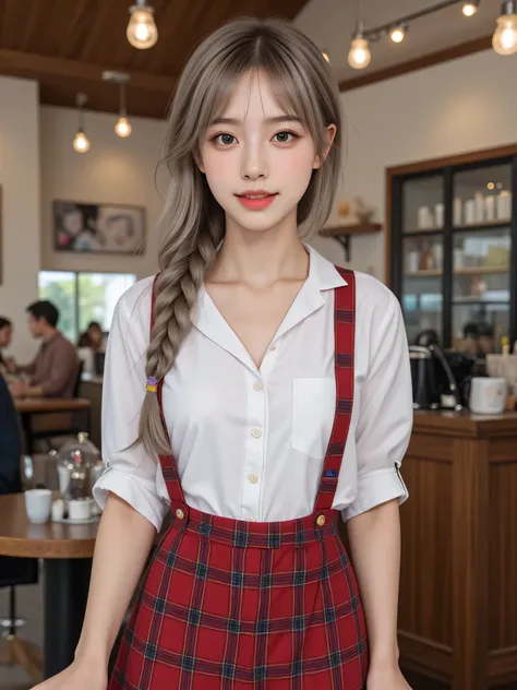 Highest quality, RAW photo, Ultra HD, 18-year-old Korean, beauty, big breasts:1.5, breast crack:1.5, healthy skin tone, fair and smooth skin, (Braid, Flowing hair), ((Light brown silver hair)), beautiful eyes in various colors, thin lips, beautiful eyes wi...